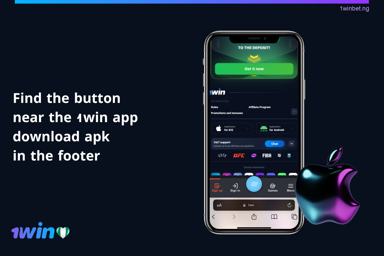Locate the button beside the 1win app download apk in the footer.