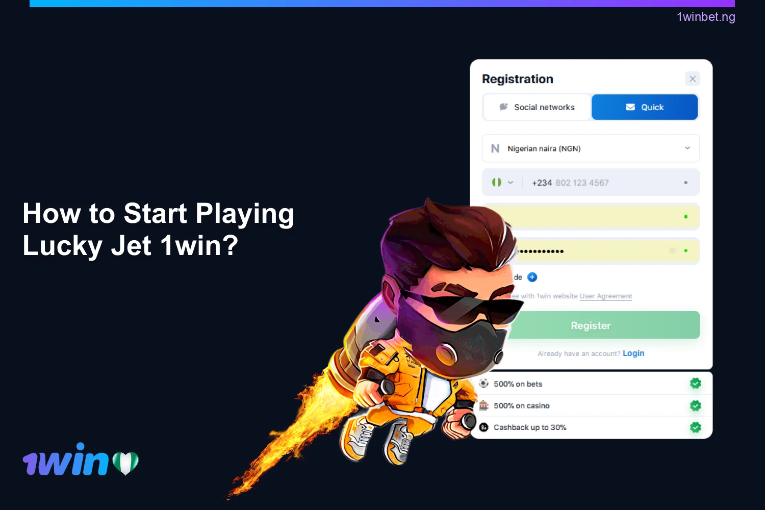 Before you can start enjoying 1win Lucky Jet, Nigerian players must create an account and make a deposit.