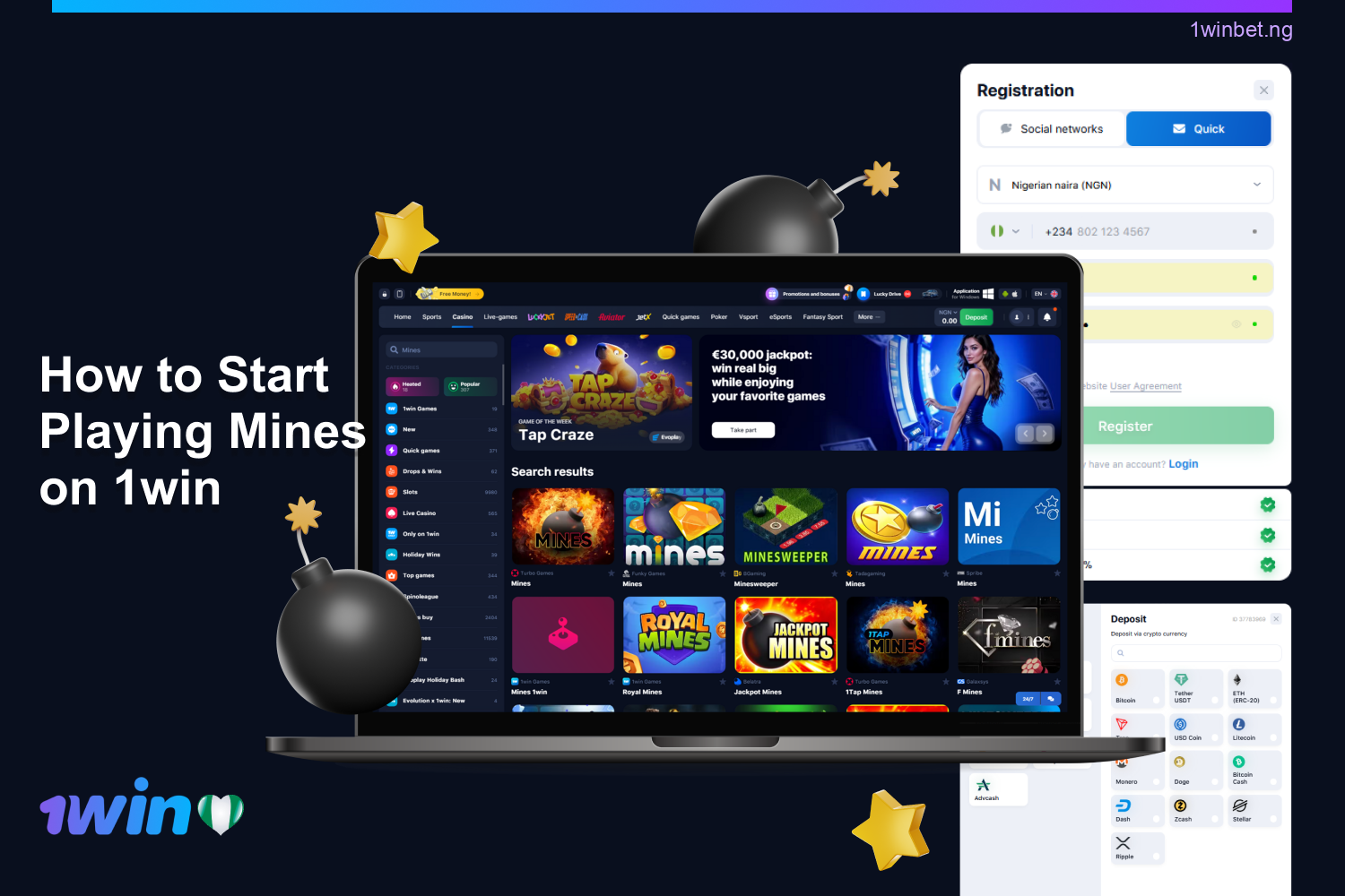 Before you can jump into Mines, you need to register at 1win Casino.